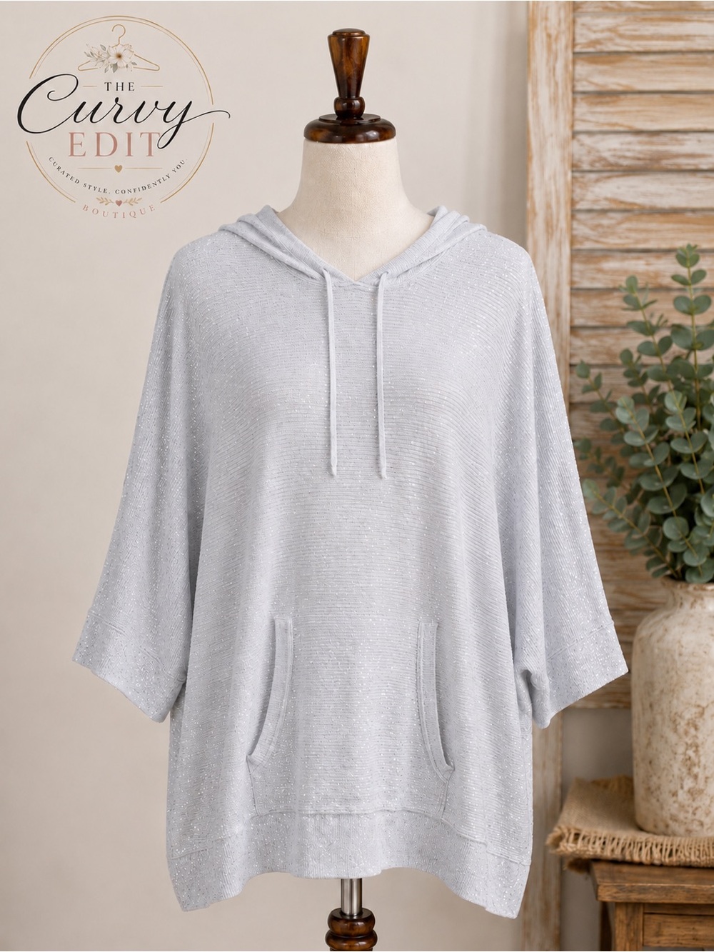 Zenergy by Chico’s Shimmer Knit Hooded Tunic Top Silver Gray Size 1 Oversized